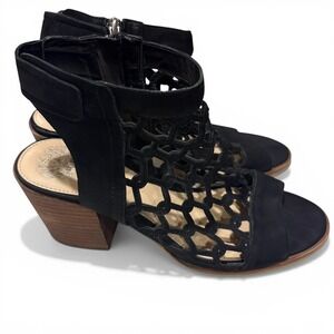 Vince Camuto Black Leather Cage Sandals Block Heel Lattice Ankle Zip Women's 8.5